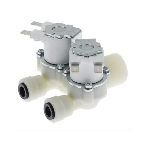 Elettrovalvola serie R-Doppia, 180°, IN filetto 3/4″ M, OUT 2xJG 8mm., 220V., con staffa in plastica