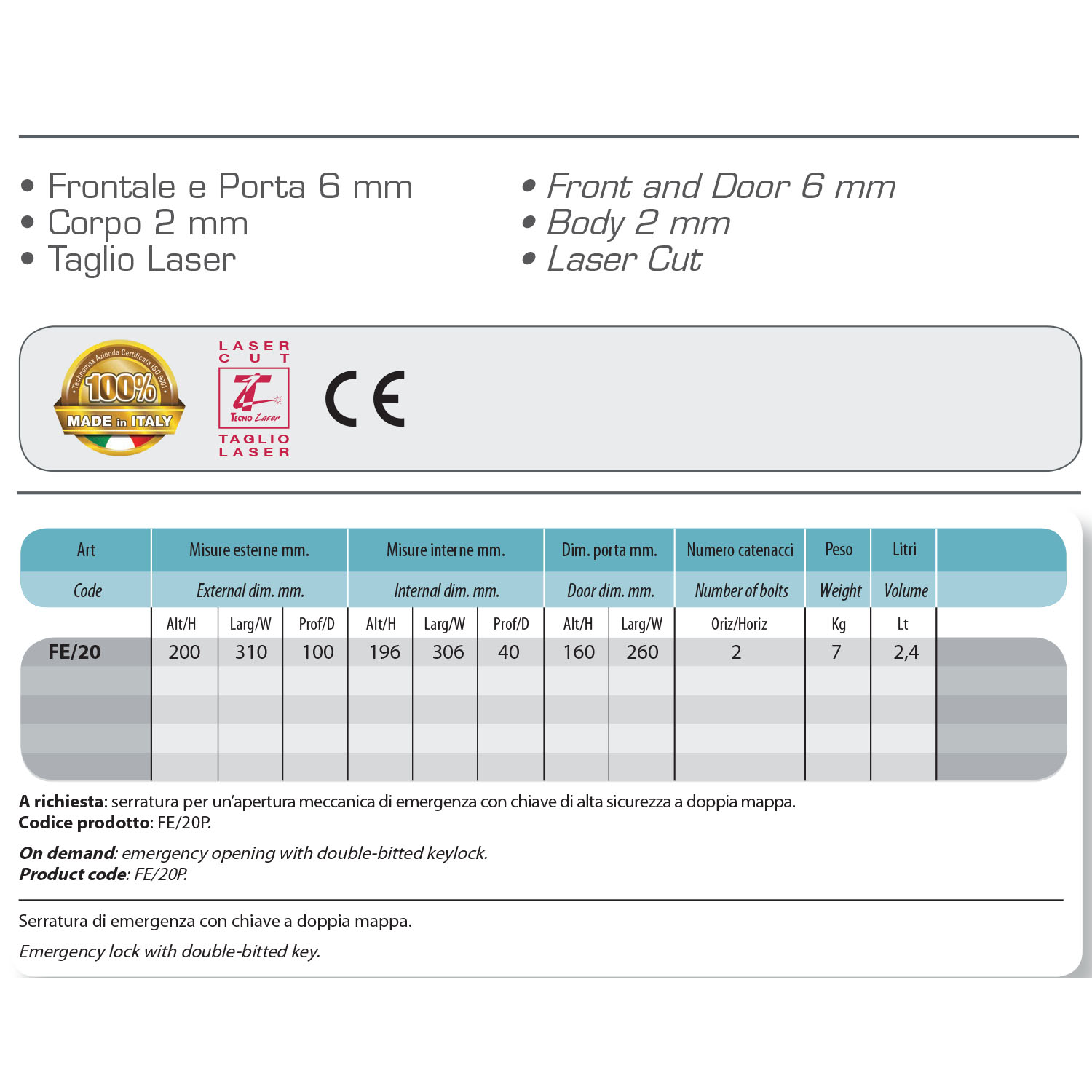 CASSAFORTE A MOBILE PORTACHIAVI 20 GANCI COMBINAZIONE ELETTRONICA CON CHIAVE DI SICUREZZA TECHNOMAX SECRET FE/20P - immagine 6