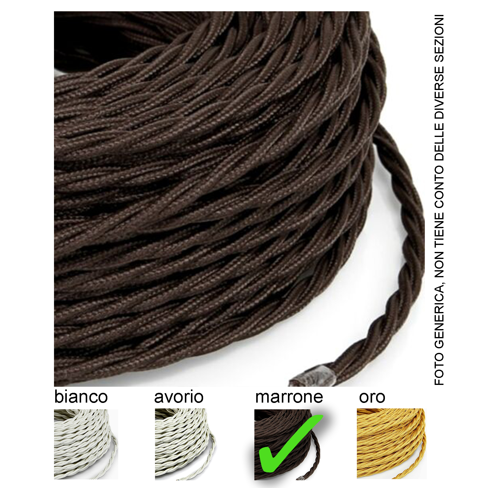 CAVO ELETTRICO TRECCIA 2×1 (2fili da 1mm di sezione) IN TESSUTO VINTAGE COLOR MARRONE, ideale per lampadari pendenti e per isolatori. - immagine 2