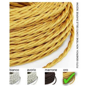 CAVO ELETTRICO TRECCIA 3×1,5 (3fili da 1,5mm di sezione) IN TESSUTO VINTAGE COLOR ORO, ideale per lampadari pendenti e per isolatori.