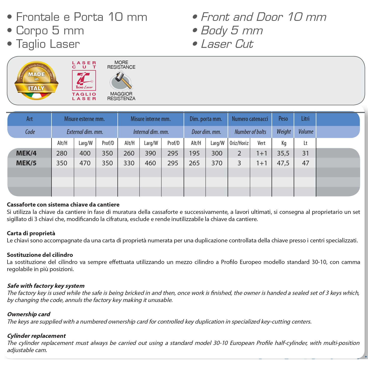 CASSAFORTE MEK/4 28X40X35 HxLxP CON CILINDRO SOSTITUIBILE TECHNOMAX SERIE MEK - immagine 7