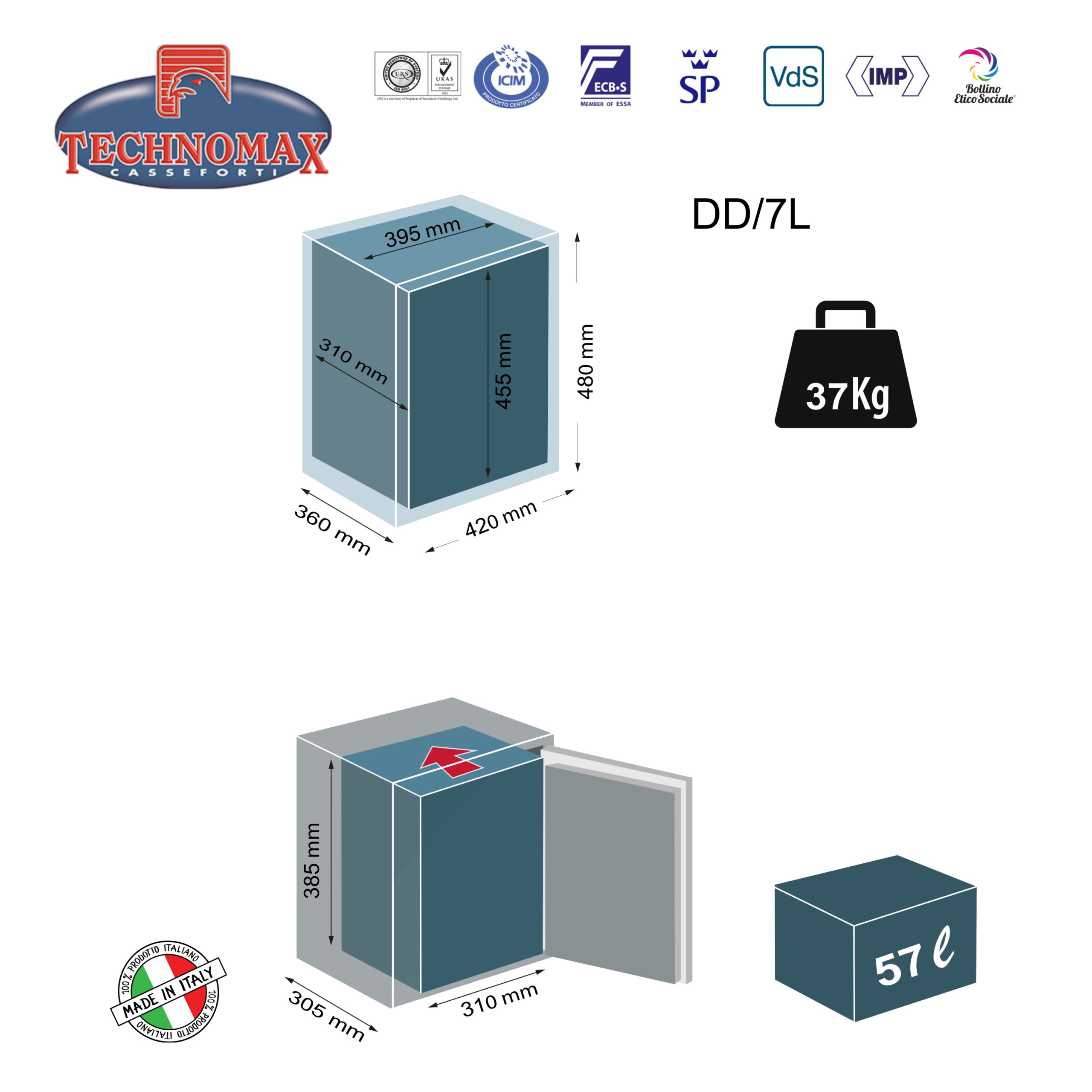 CASSAFORTE DD/7L 48X42X36 HxLxP CHIAVE DOPPIA MAPPA + COMBINATORE TECHNOMAX DD - immagine 6