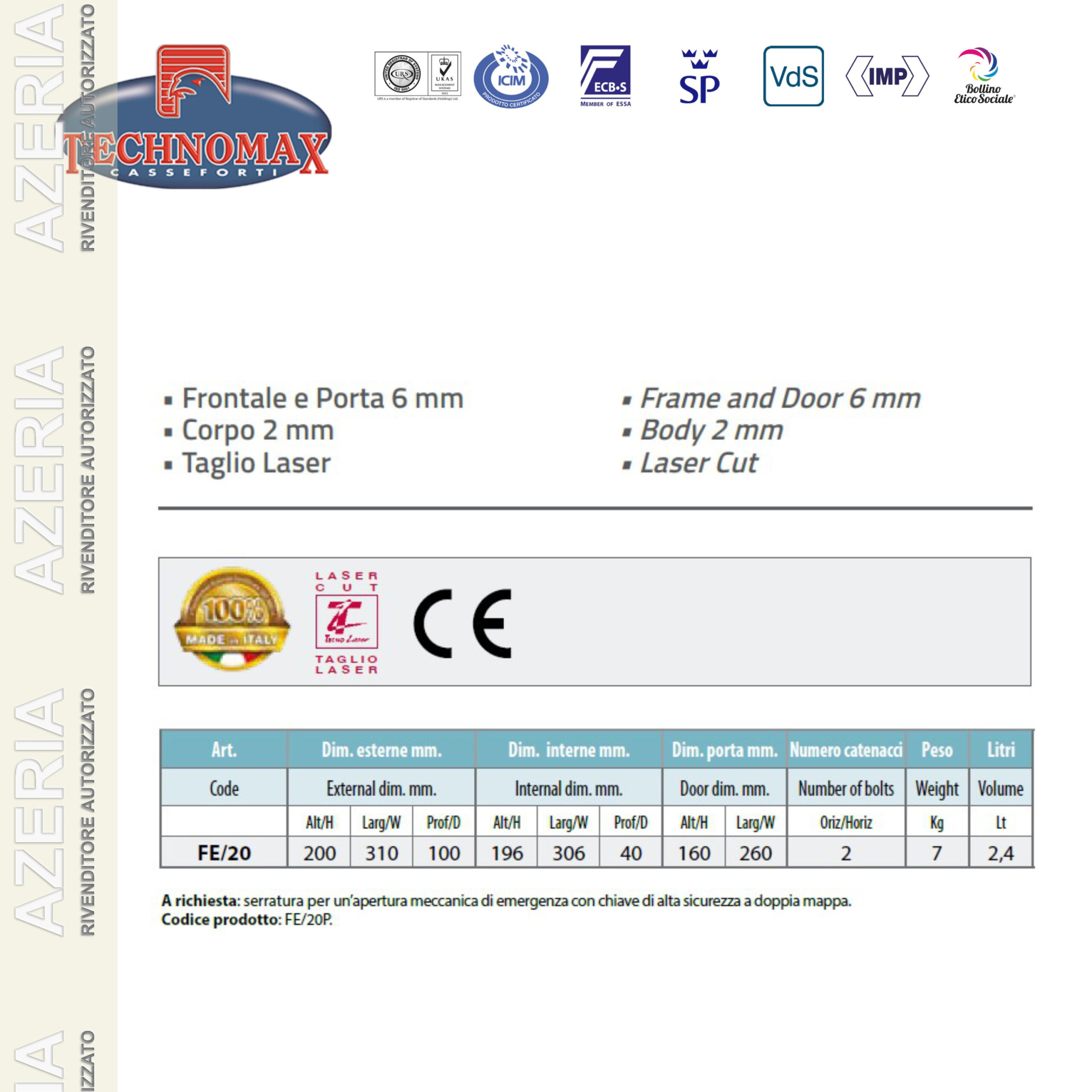 CASSAFORTE A MOBILE PORTACHIAVI 20 GANCI COMBINAZIONE ELETTRONICA CON CHIAVE DI SICUREZZA TECHNOMAX SECRET FE/20P - immagine 5