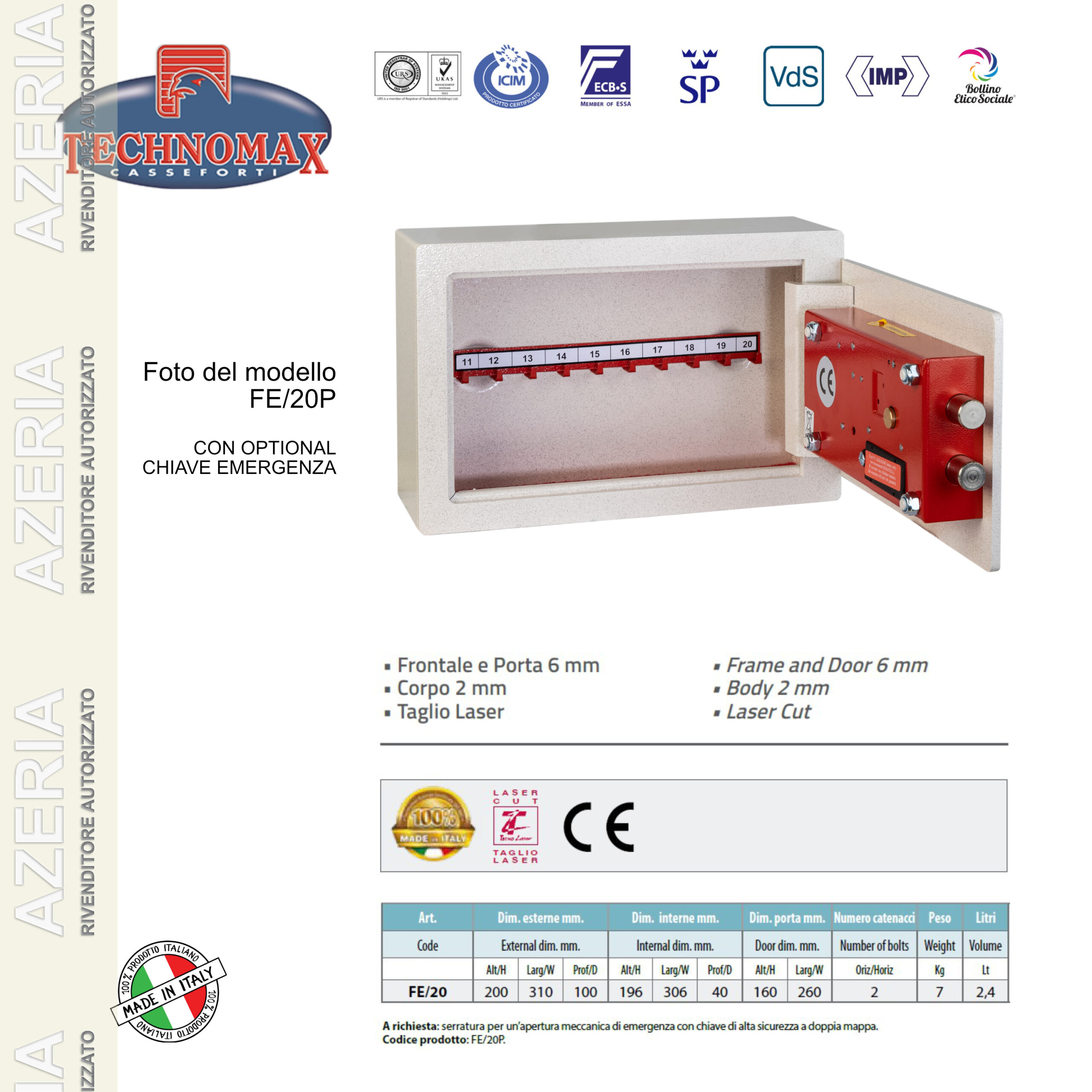 CASSAFORTE A MOBILE PORTACHIAVI 20 GANCI COMBINAZIONE ELETTRONICA CON CHIAVE DI SICUREZZA TECHNOMAX SECRET FE/20P - immagine 3