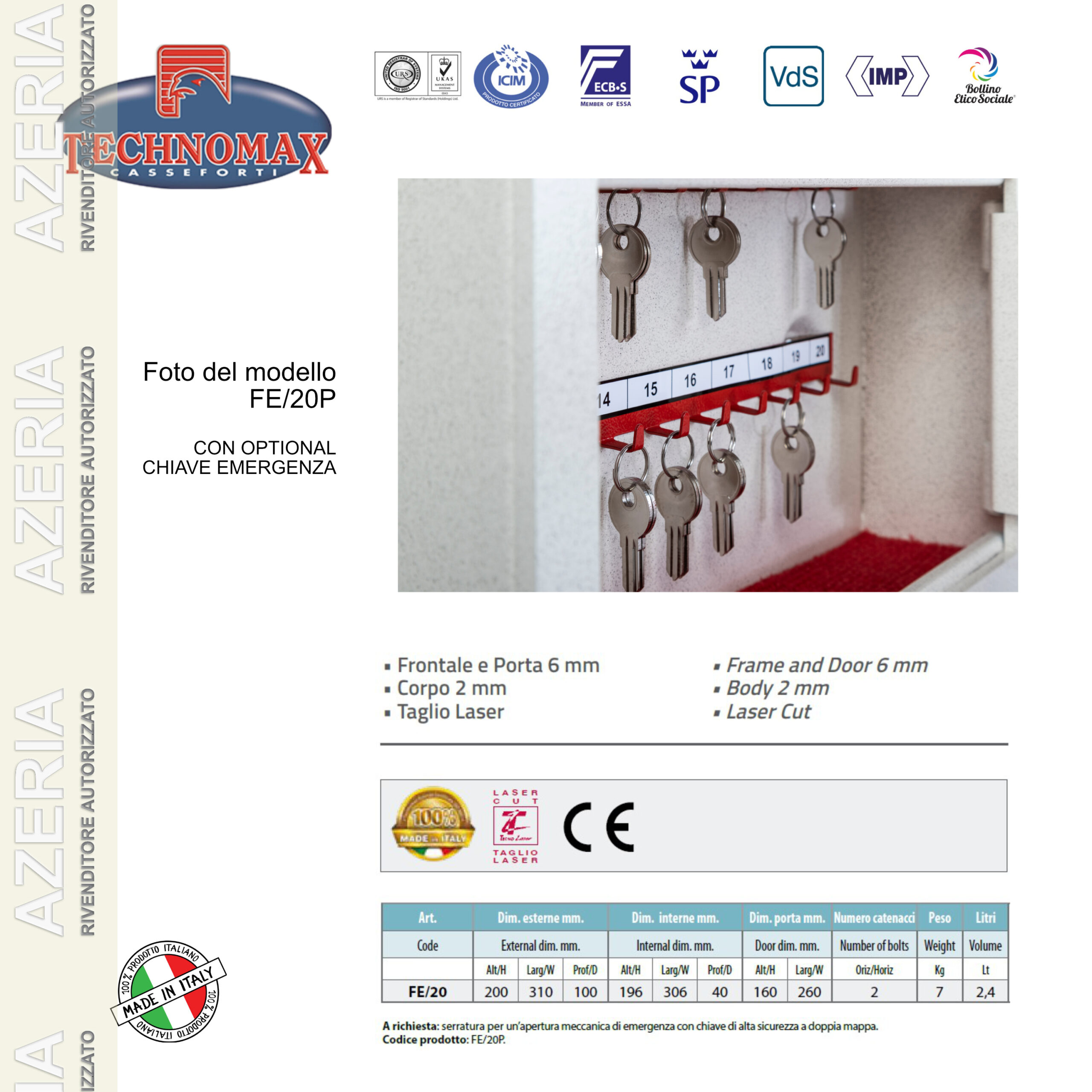 CASSAFORTE A MOBILE PORTACHIAVI 20 GANCI COMBINAZIONE ELETTRONICA CON CHIAVE DI SICUREZZA TECHNOMAX SECRET FE/20P - immagine 4