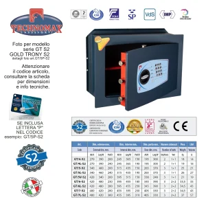 CASSAFORTE GT/7P-S2 H48XL42XP28 HxLxP CON COMBINAZIONE DIGITALE SERIE GT-S2P-N CON CHIAVE DI EMERGENZA CERTIFICAZIONE S2 TECHNOMAX