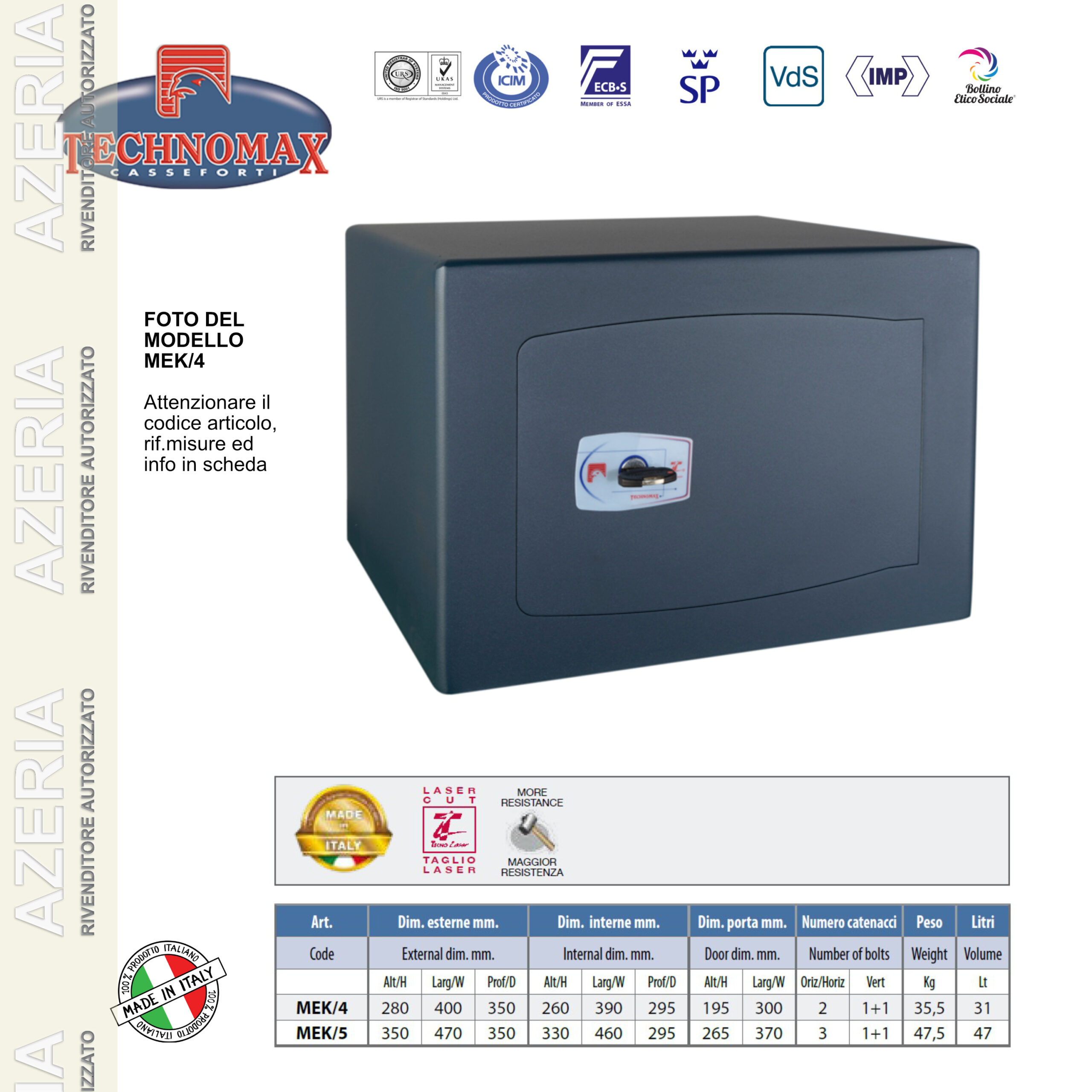 CASSAFORTE MEK/4 28X40X35 HxLxP CON CILINDRO SOSTITUIBILE TECHNOMAX SERIE MEK - immagine 3