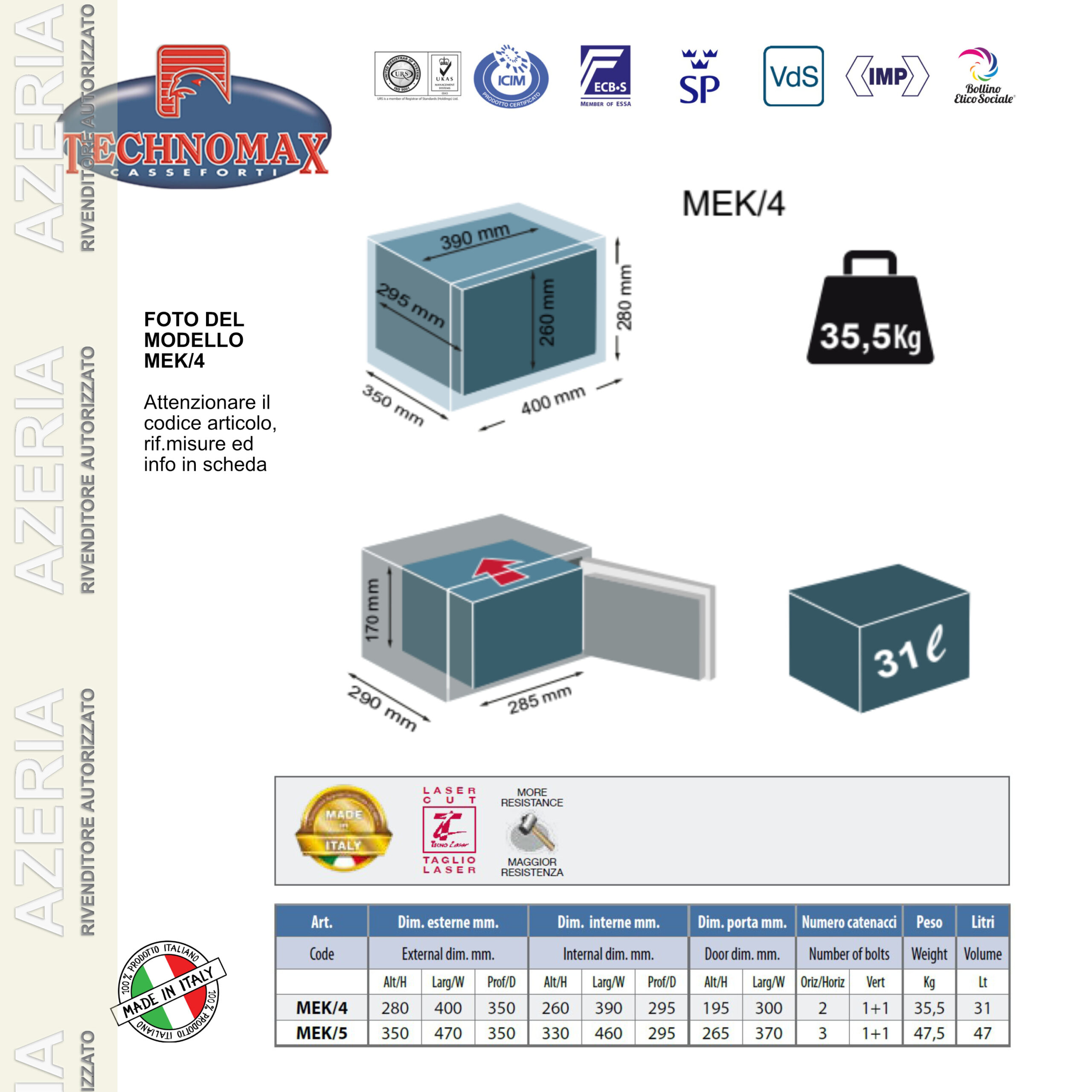 CASSAFORTE MEK/4 28X40X35 HxLxP CON CILINDRO SOSTITUIBILE TECHNOMAX SERIE MEK - immagine 6